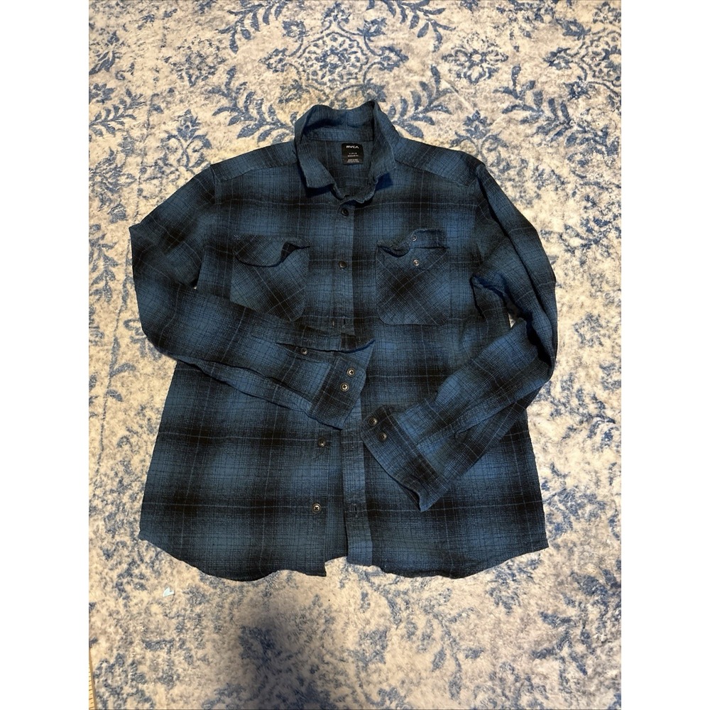 RVCA Plaid Flannel Shirt Men's Size Large Blue Black Plaid Long Sleeve Button Up